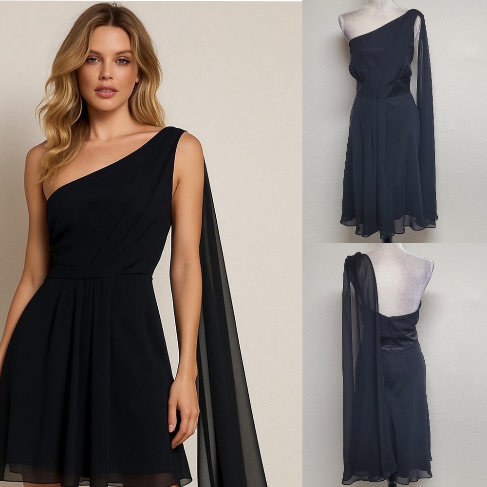 Vintage 90s White House Black Market Black Chiffon Caped One-Shoulder Mini Dress